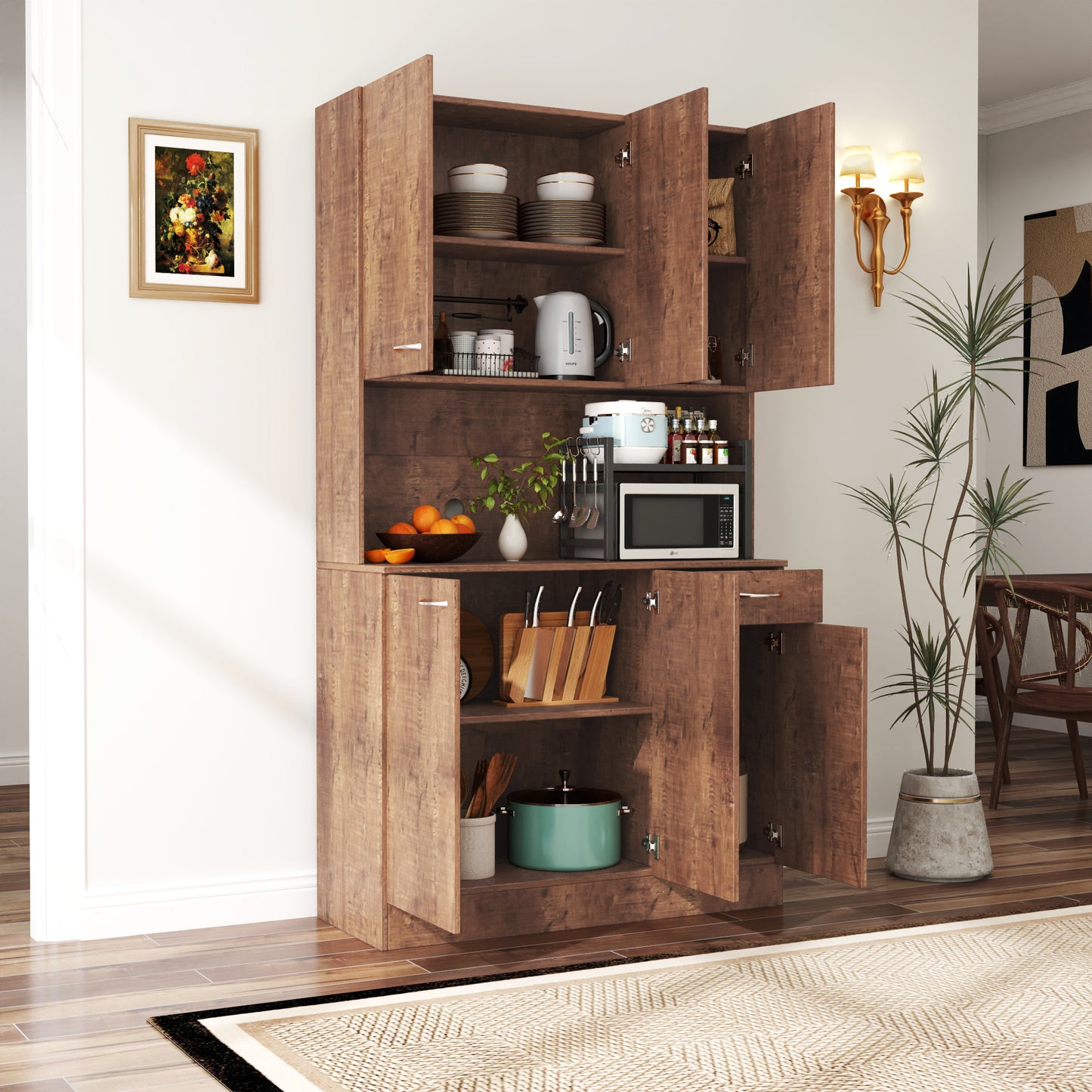 70.87" Tall Wardrobe& Kitchen Cabinet, with 6-Doors, 1-Open Shelves and 1-Drawer for bedroom,Walnut image 1