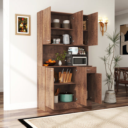 70.87" Tall Wardrobe& Kitchen Cabinet, with 6-Doors, 1-Open Shelves and 1-Drawer for bedroom,Walnut image 1