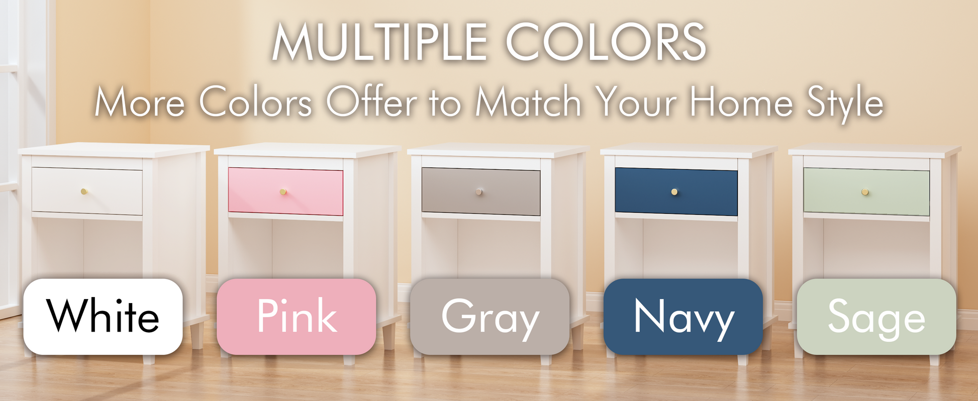 26.77''H Wooden Nightstand with One Drawer One Shelf for Kids, Adults, White+Golden handle image 2