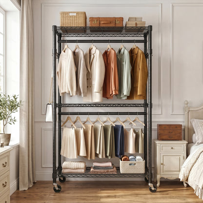 Heavy Duty Rolling Garment Rack 3 Tiers Adjustable Wire Shelving Clothes Rack with 2 Rods and Side Hooks,Storage Closet Clothing Rack with Wheels Black 15.7" D x 29.5" W x 74.5" H image 6