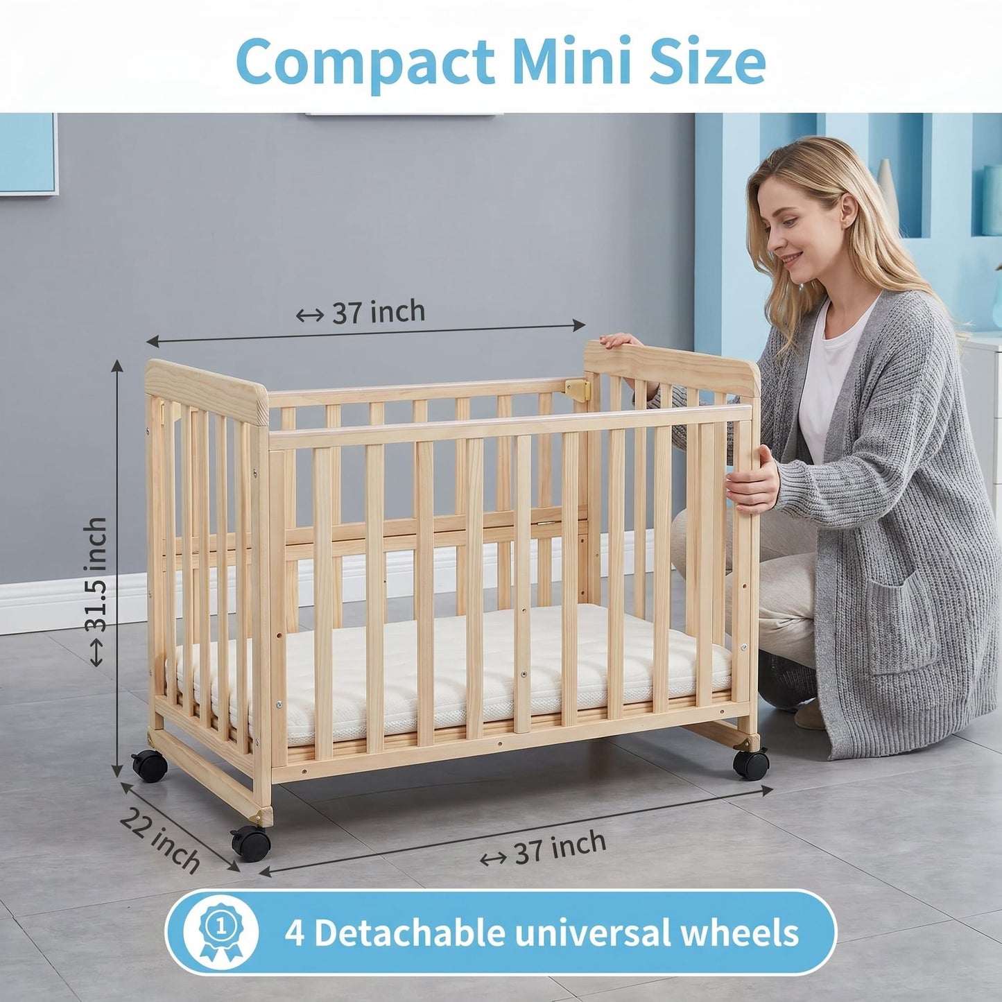 Baby Bassinets Bedside Sleeper - Portable Pine Wood Bedside Bassinet,3 Heights Small Mini Crib with Mattress 1.97 - 2.2in,Space-Saving Design Baby Crib for Newborns 0-36 Months image 12