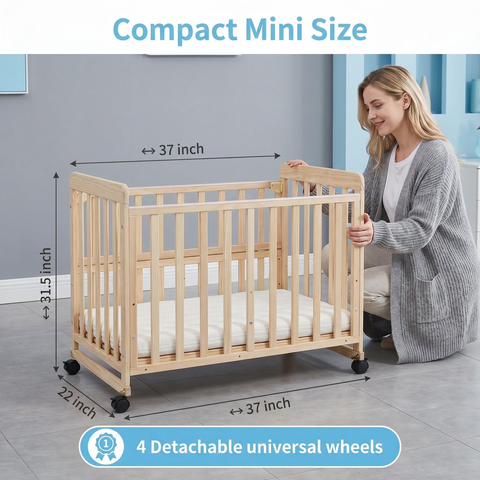 Baby Bassinets Bedside Sleeper - Portable Pine Wood Bedside Bassinet,3 Heights Small Mini Crib with Mattress 1.97 - 2.2in,Space-Saving Design Baby Crib for Newborns 0-36 Months image 12