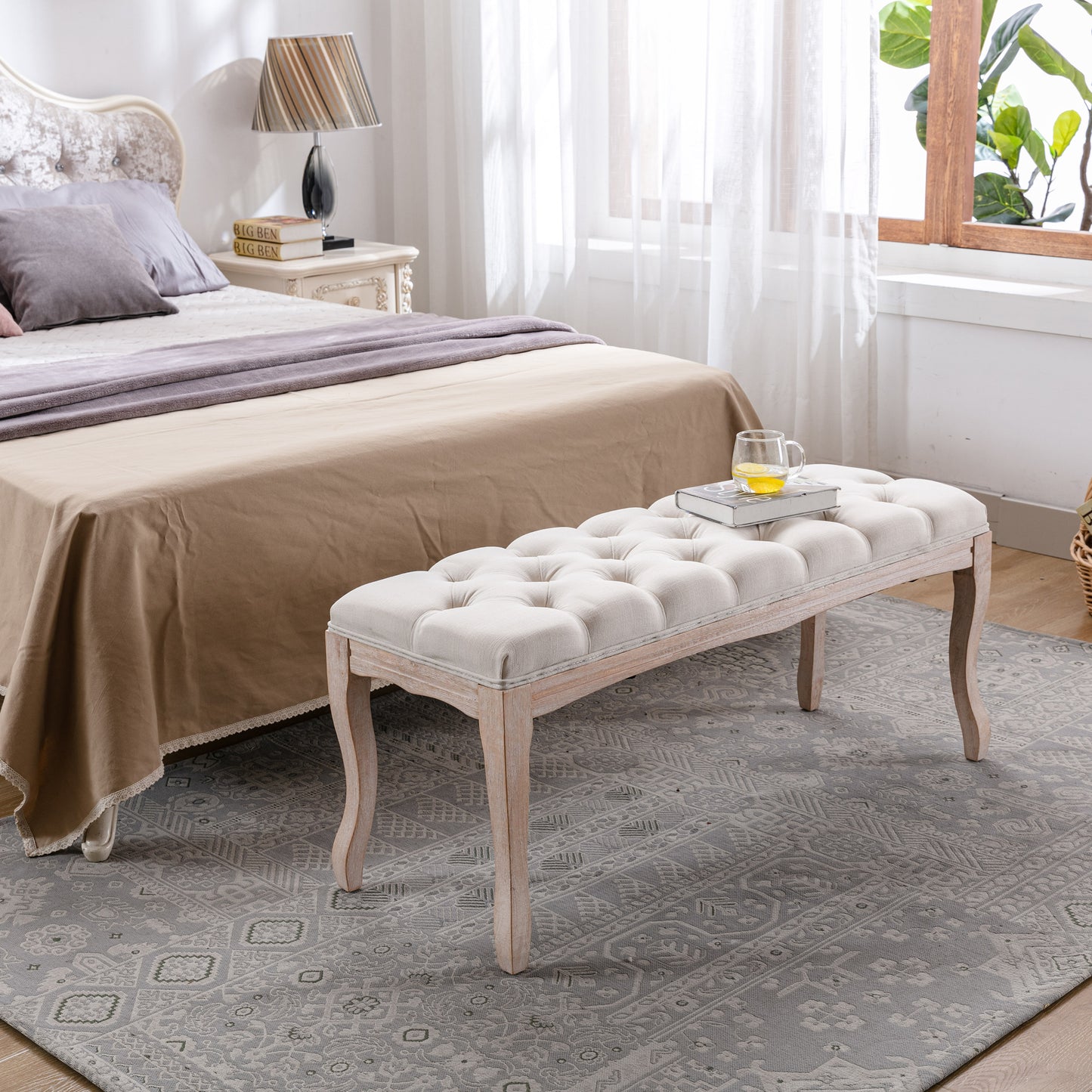 Bedroom Bench, French Vintage Tufted Entryway Bench, 43.3" Carving Upholstered End of Bed Bench with Distressed Wood Legs, Linen Ottoman Seat for Living Room, Foyer, Dining Room image 7