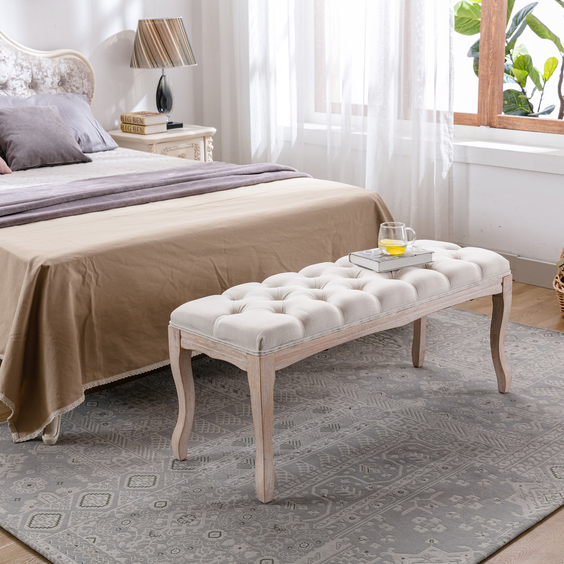 Bedroom Bench, French Vintage Tufted Entryway Bench, 43.3" Carving Upholstered End of Bed Bench with Distressed Wood Legs, Linen Ottoman Seat for Living Room, Foyer, Dining Room image 7