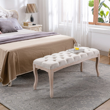 Bedroom Bench, French Vintage Tufted Entryway Bench, 43.3" Carving Upholstered End of Bed Bench with Distressed Wood Legs, Linen Ottoman Seat for Living Room, Foyer, Dining Room image 7