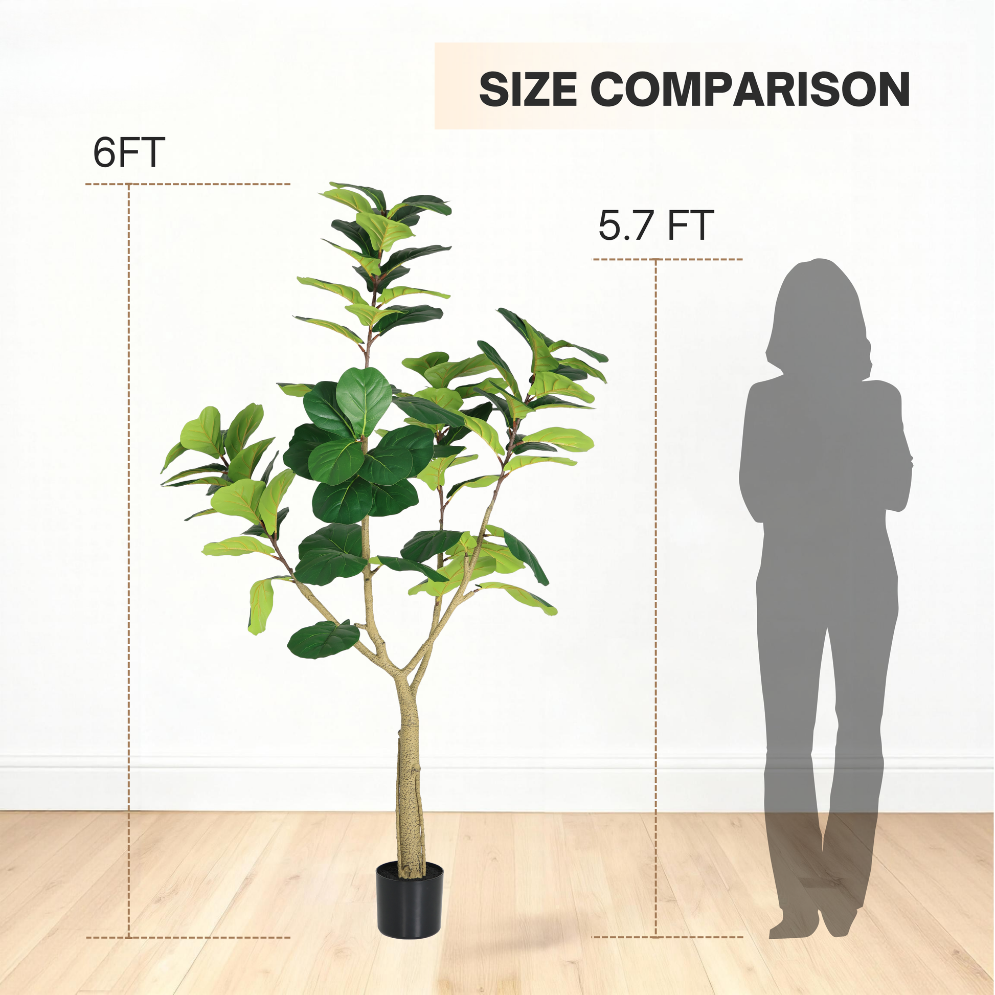 6FT Artificial Fiddle Leaf Fig Tree, Realistic Faux Potted Plant in Black Pot, 1pc/set image 9