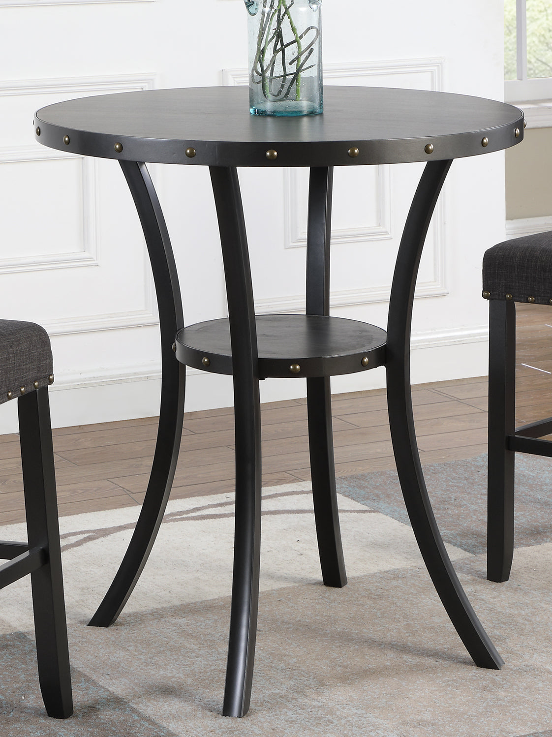 Biony 3-Piece 36" Round Espresso Finish Bar Table with 2 Gray Fabric Nail Head Pub Chairs image 3