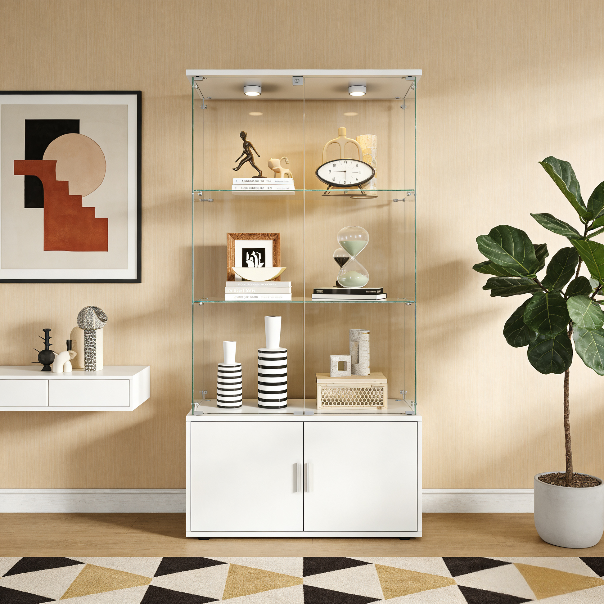 Double-door four-layer cabinet-style storage cabinet,display cabinet,wine cabinet,file cabinet,with remote-controlled PAIPAI lights,adjustable feet, can be placed in the living room,color:white image 1