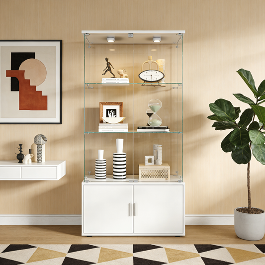 White double-door four-layer tempered glass display cabinet with PAIPAI lights - front view