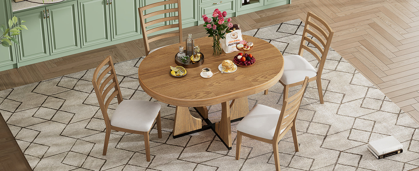 TREXM Round Dining Table for 4 with Chairs Set, Extendable Dining Table Set with 16" Removable Middle Leaf, 5 Piece Retro Dining Table Set Unique Geometric Design for Kitchen, Dining Room (Natural) image 6