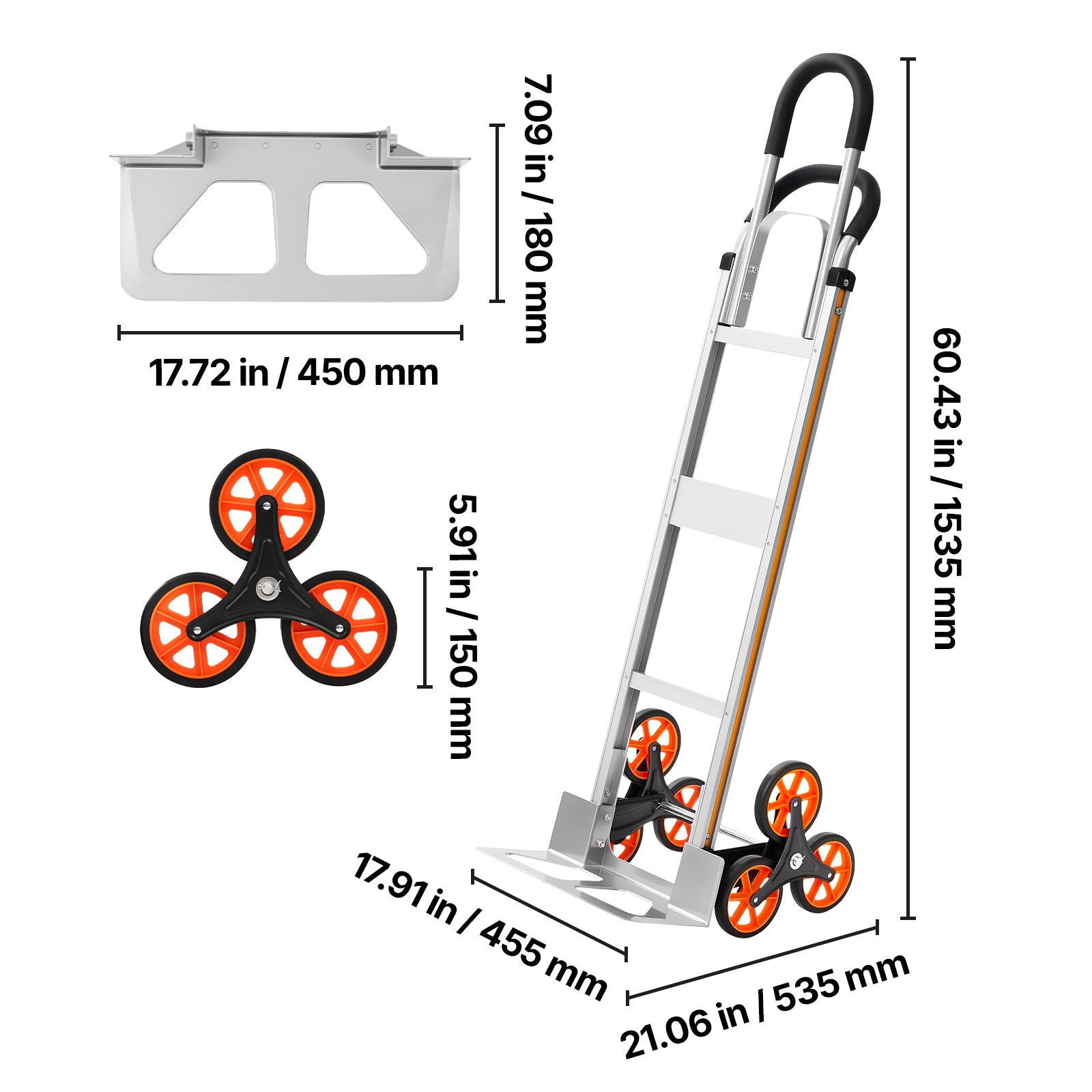 Stair Climbing Cart, 330 lbs Stair-Climb Capacity, Aluminum Alloy Folding Trolley Cart with Telescoping Handle, 6 Wheels and 2 Bungee Cords, Stair Climber Dolly for Home, Groceries, Warehouse image 8