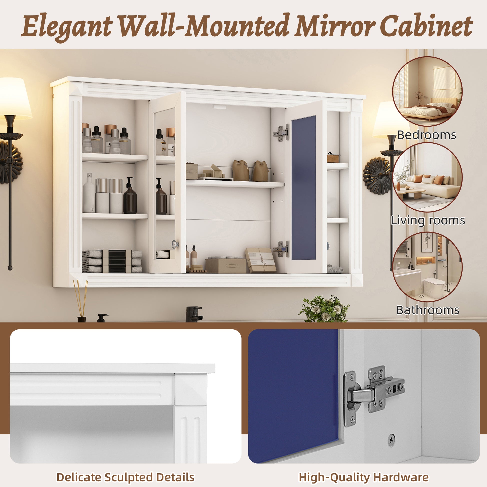 47 Inch Bathroom Mirror Cabinet with Storage, Adjustable Shelf and Open Shelves, Wall Mounted Medicine Cabinet for Bathroom, Bedroom, Vanity image 5