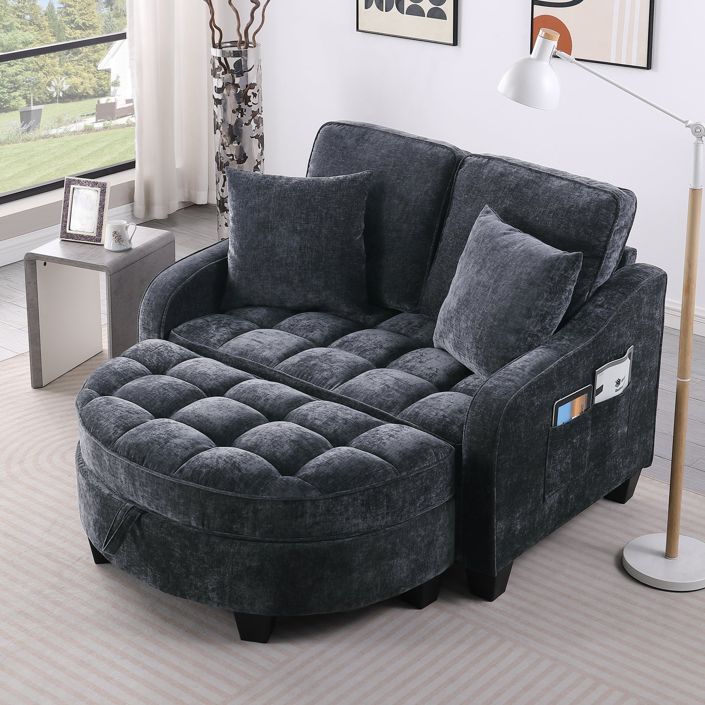 Two-seater sofa, double sofa chaise longue, with irregular armrests and backrests, footrest with storage space, comes with two small throw pillows, suitable for living room and bedroom - Black image 1