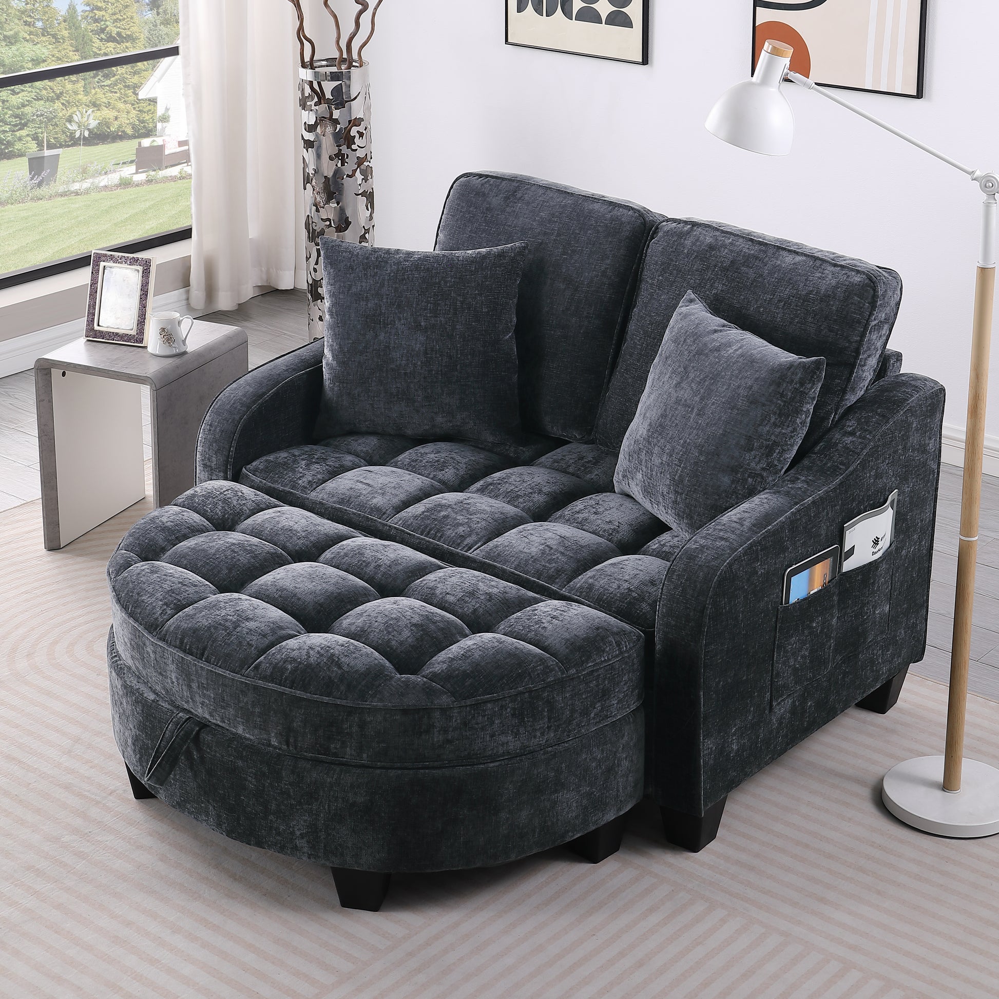 Two-seater sofa, double sofa chaise longue, with irregular armrests and backrests, footrest with storage space, comes with two small throw pillows, suitable for living room and bedroom - Black image 1