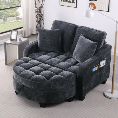 Two-seater sofa, double sofa chaise longue, with irregular armrests and backrests, footrest with storage space, comes with two small throw pillows, suitable for living room and bedroom - Black image 1