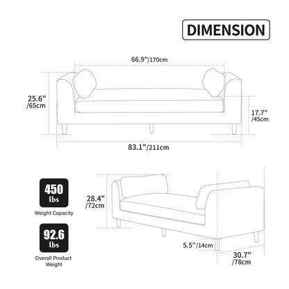 83.1"Wide Modern Upholstered End of Bed Bench with Armrests, Chenille Chaise Lounge Couch with 2 Bolster Pillows, Daybed with Rubberwood Legs For Living Room,Bedroom,Apartment,Guestroom, Beige image 11