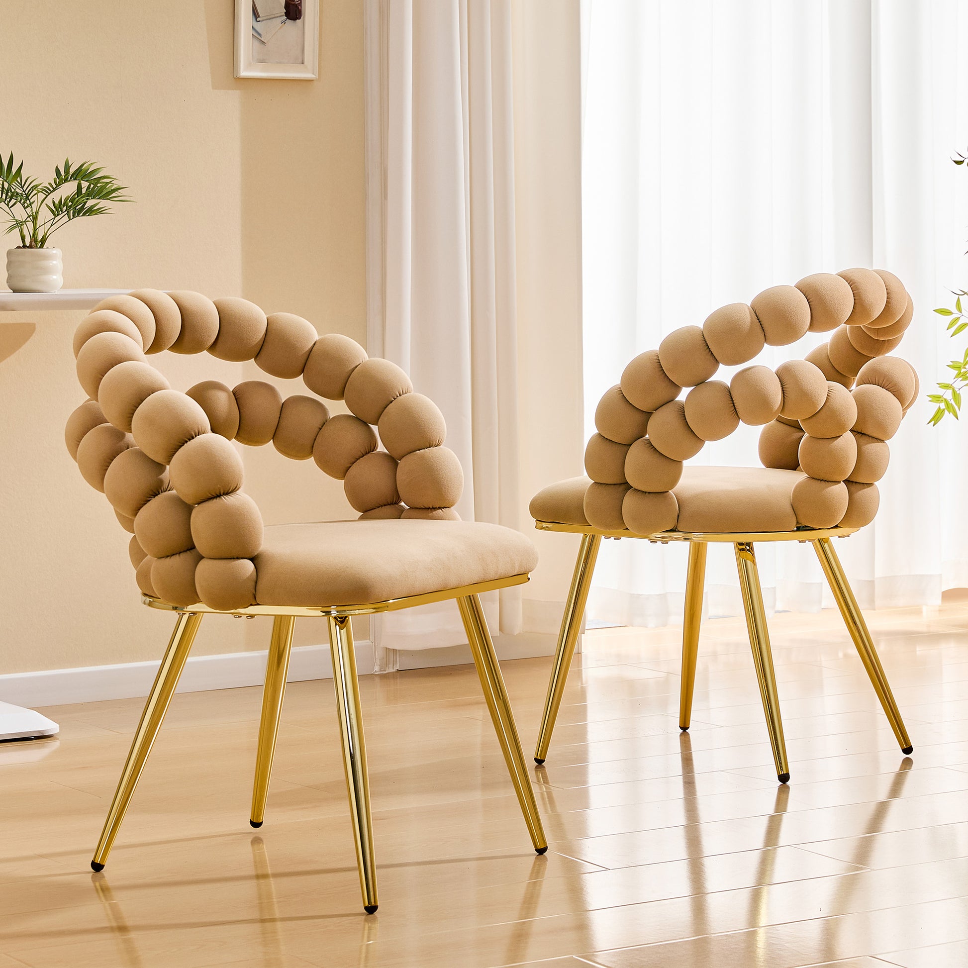 Set of 2 Modern Velvet Dining Chair with Bubble Back, Accent Chair with Gold Metal Legs, Upholstered Vanity Chair for Dining Room, Living Room, Bedroom, Brown & Gold image 4