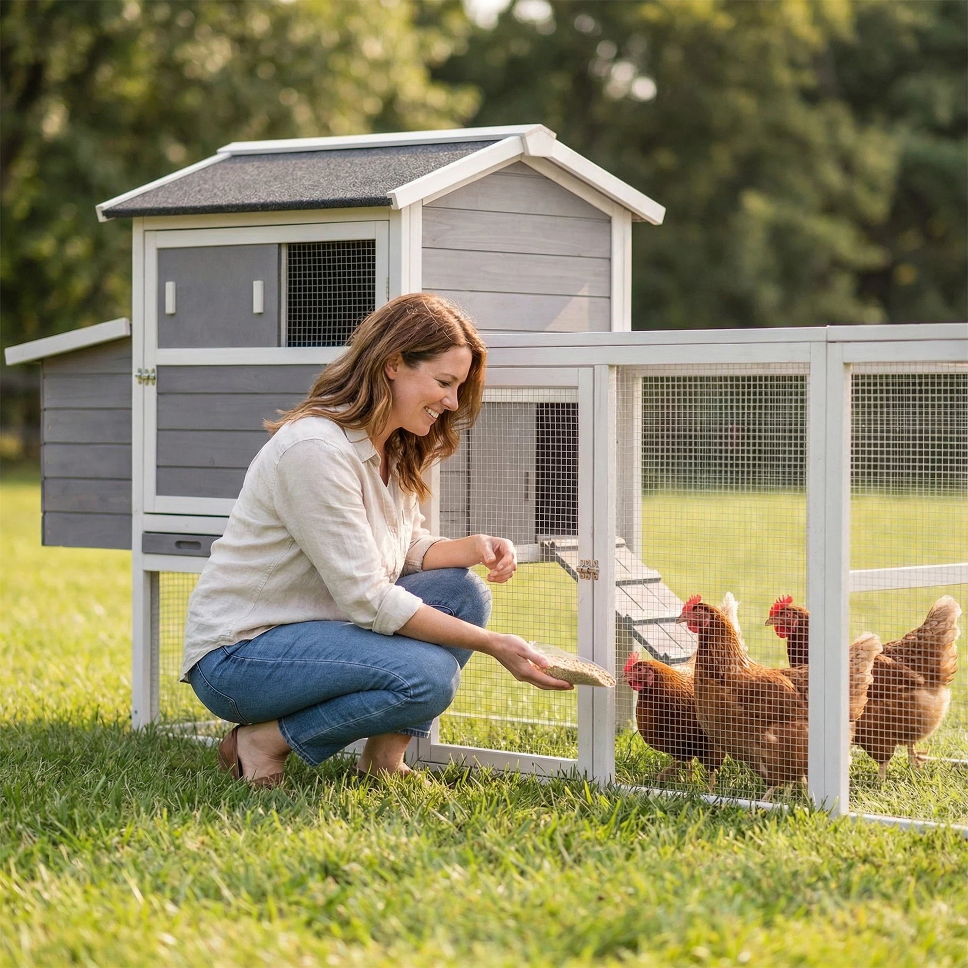 Gray Wooden Chicken Coop, Large Outdoor Hen House with Run and Nesting Box Poultry Cage, Rabbit Hutch, Waterproof Anti-UV Panel for Backyard image 11