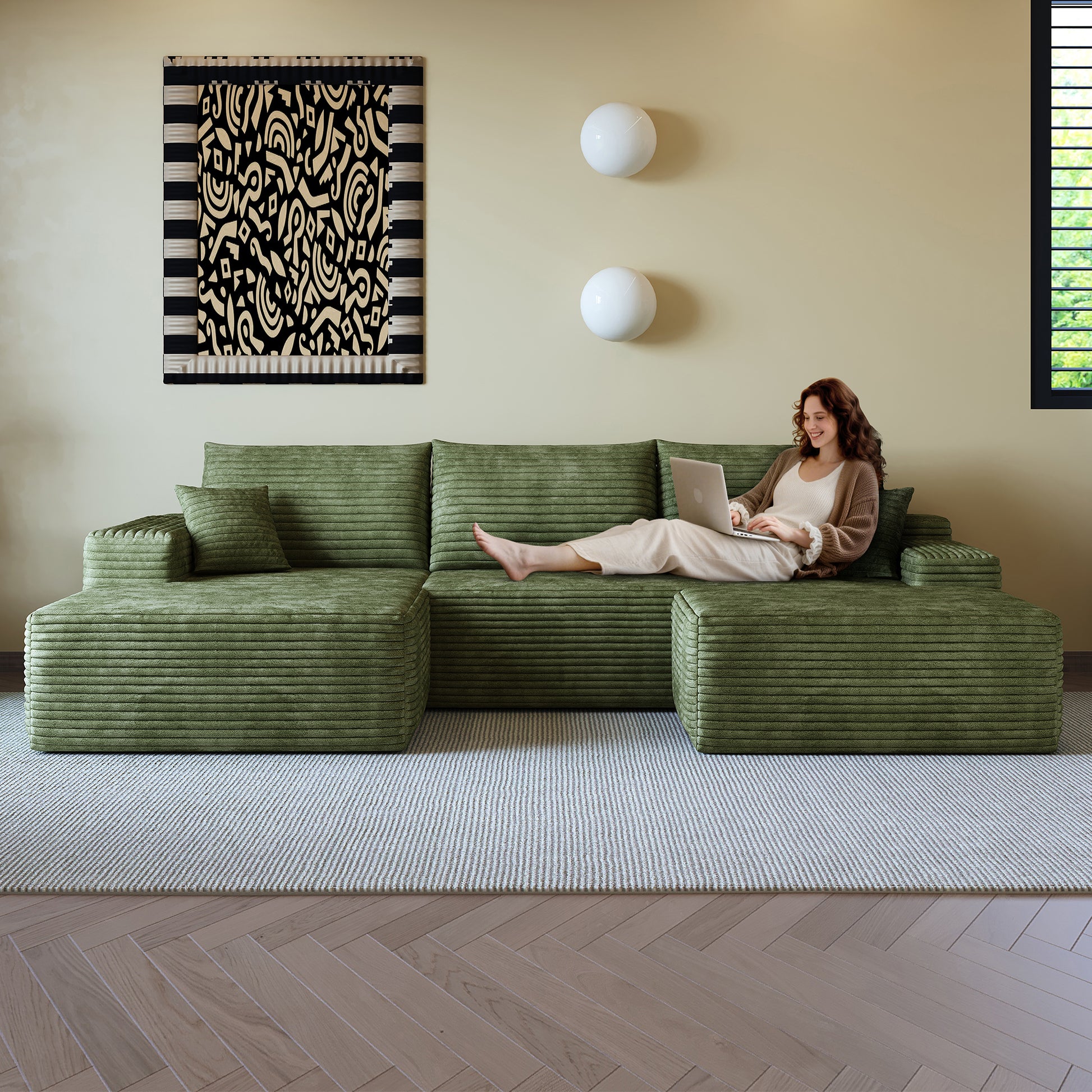 107"Cloud Sectional Sofa with 1 Ottoman,Modern Minimalist Upholstered Couches,Comfort U Shaped Sofa for Living Room,Deep Seat Corner Couch,No Assembly Required (Plush Corduroy Fabric),Green image 2