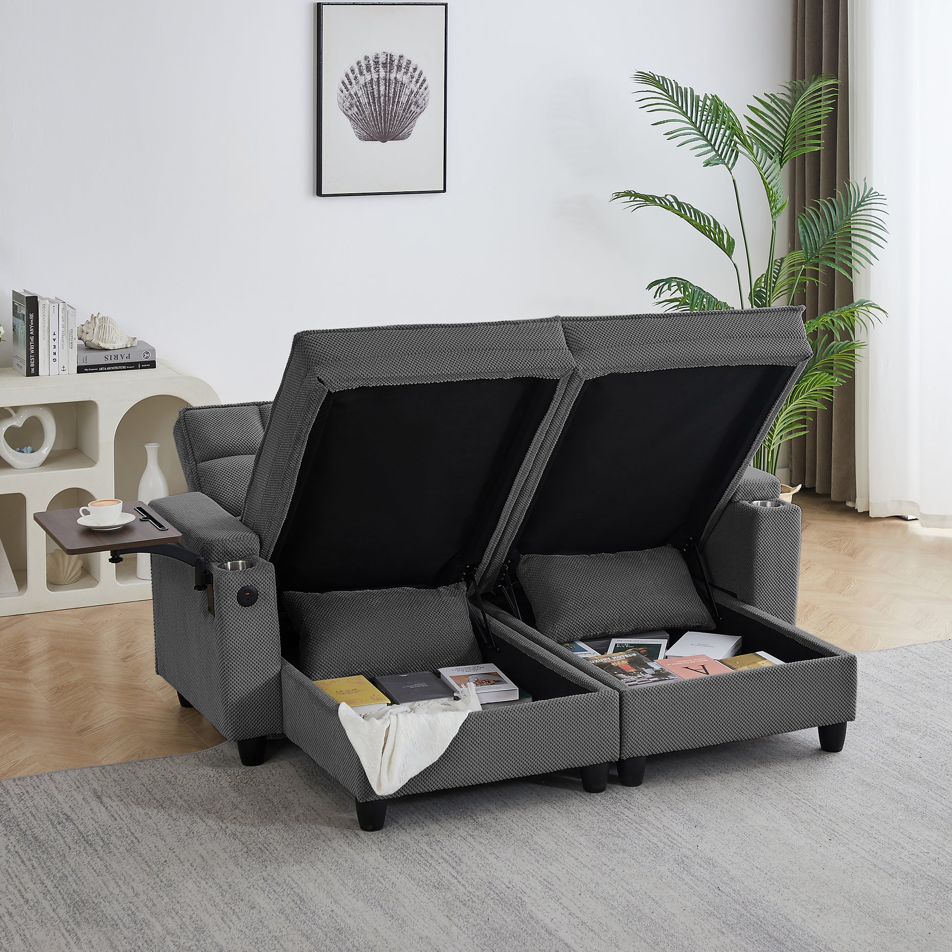 Dark Grey Sofa,Sleeper Sofa Bed with 6-Position Adjustable Backrest,USB Ports, Cup Holder and Swivel Side Table image 2