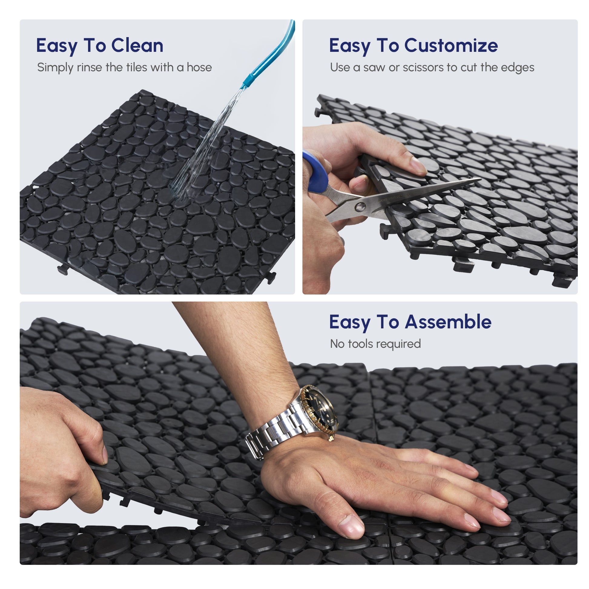 12 x 12 Inch Black Interlocking Deck Tiles Plastic Waterproof Outdoor All Weather Anti-slip Bathroom Shower Balcony Porch Strong Weight Capacity Upto 440 LBS, Pebble Stone Pattern Pack of 60 image 4