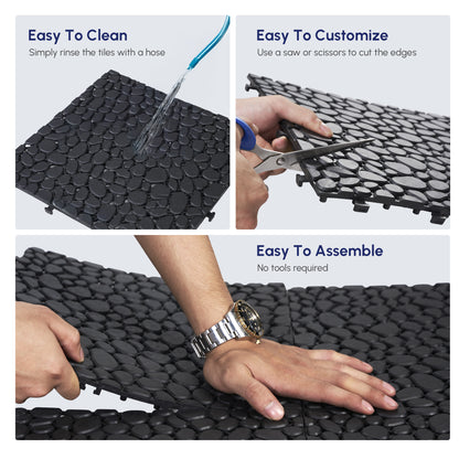 12 x 12 Inch Black Interlocking Deck Tiles Plastic Waterproof Outdoor All Weather Anti-slip Bathroom Shower Balcony Porch Strong Weight Capacity Upto 440 LBS, Pebble Stone Pattern Pack of 60 image 4