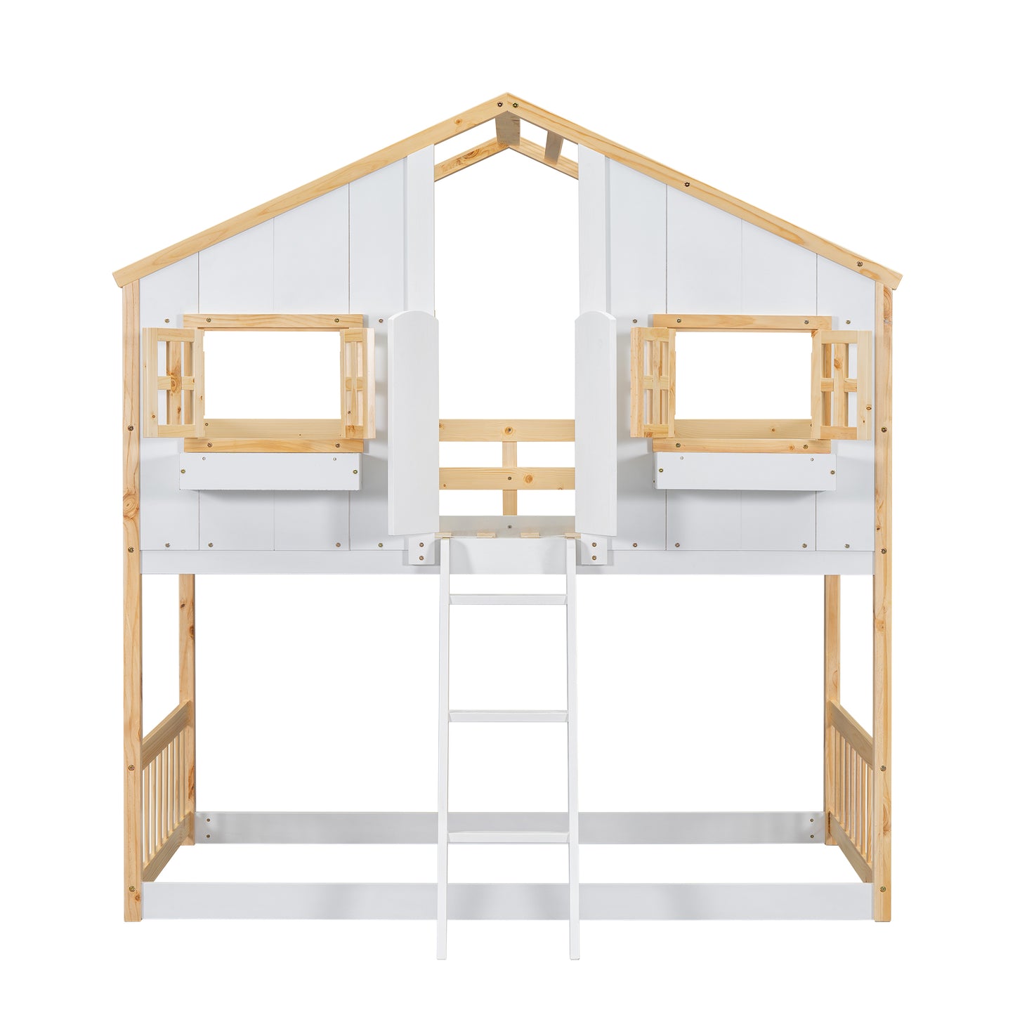 Twin over Twin House Bunk Bed with Roof, Window, Window Box, Door, with Safety Guardrails and Ladder, Natural/White image 9