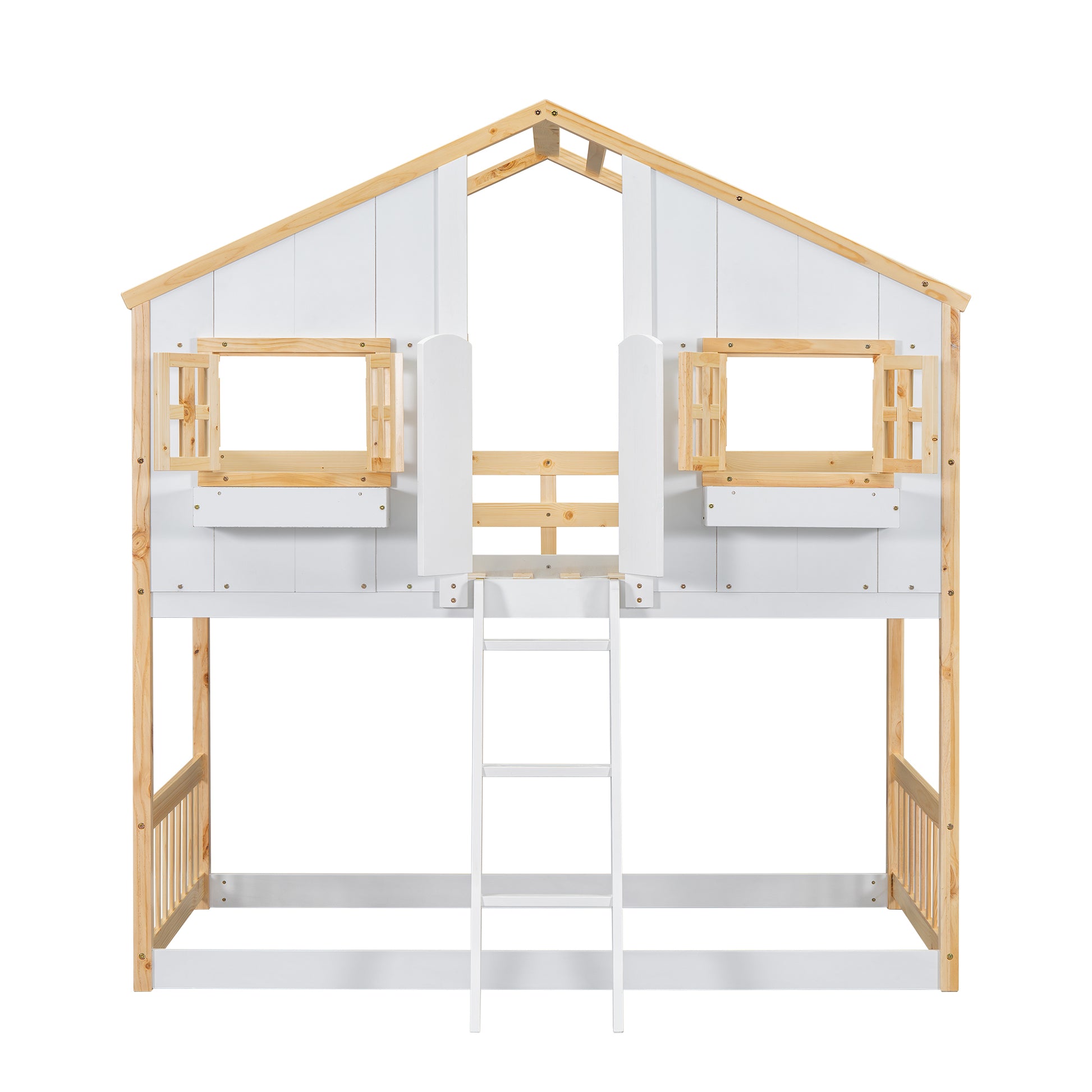 Twin over Twin House Bunk Bed with Roof, Window, Window Box, Door, with Safety Guardrails and Ladder, Natural/White image 9