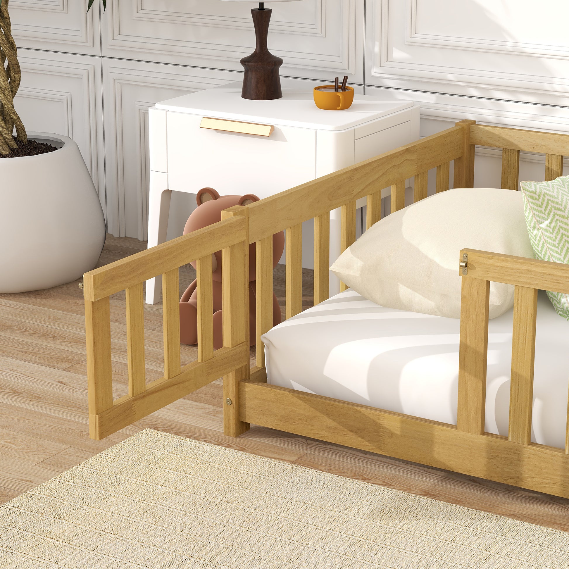 Twin Size Floor Bed with Fence and Door,Rubber Wood Floor Bed with Safety Guardrails,Natural (Old Sku W504P296778) image 4