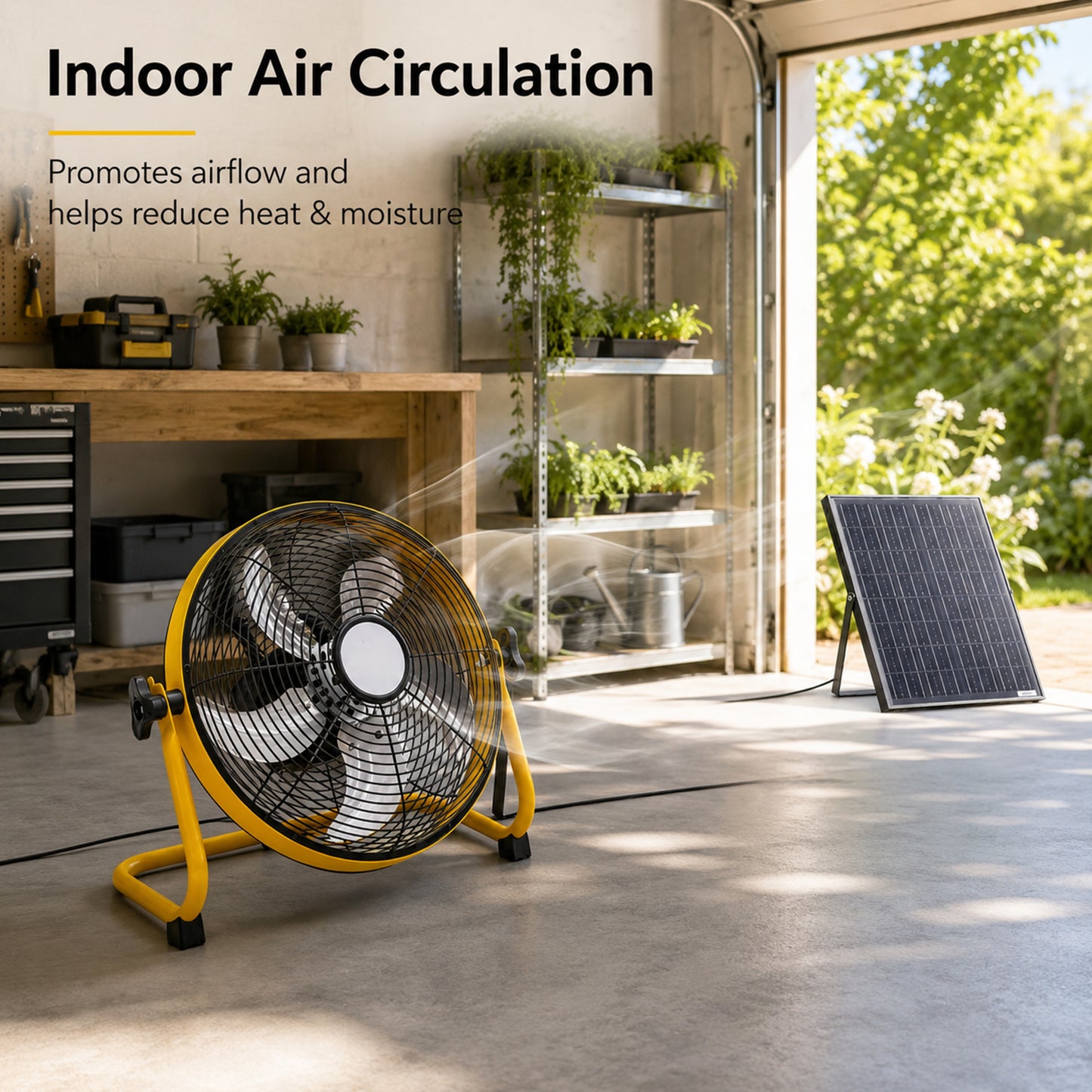 12" Yellow Solar Rechargeable Floor Fan,30W Adjustable Monocrystalline Solar Panel,Built-in 1500mAh Battery,3-Speed Remote Dual Power Fan for Home Room,Backyard Camping & Greenhouse image 12