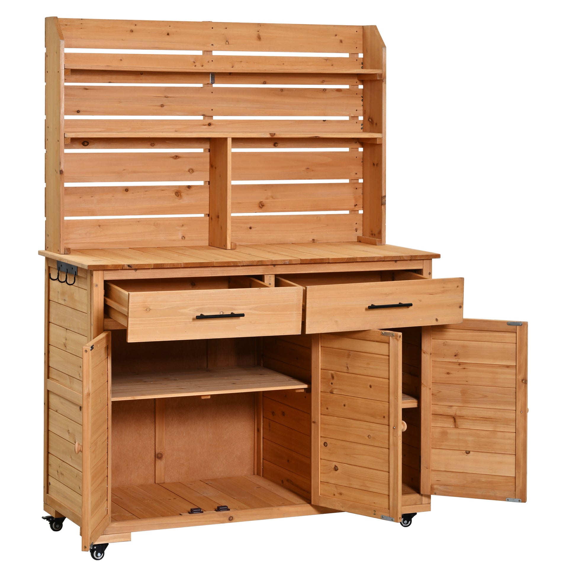 Assembly Video-TOPMAX 65''H Large Garden Potting Bench with Lockable Wheel and Storage Cabinet, Wood Outdoor Kitchen Island Prep Cart with Hutch Top, Drawers and Removal Shelves for Grilling, Natural image 12