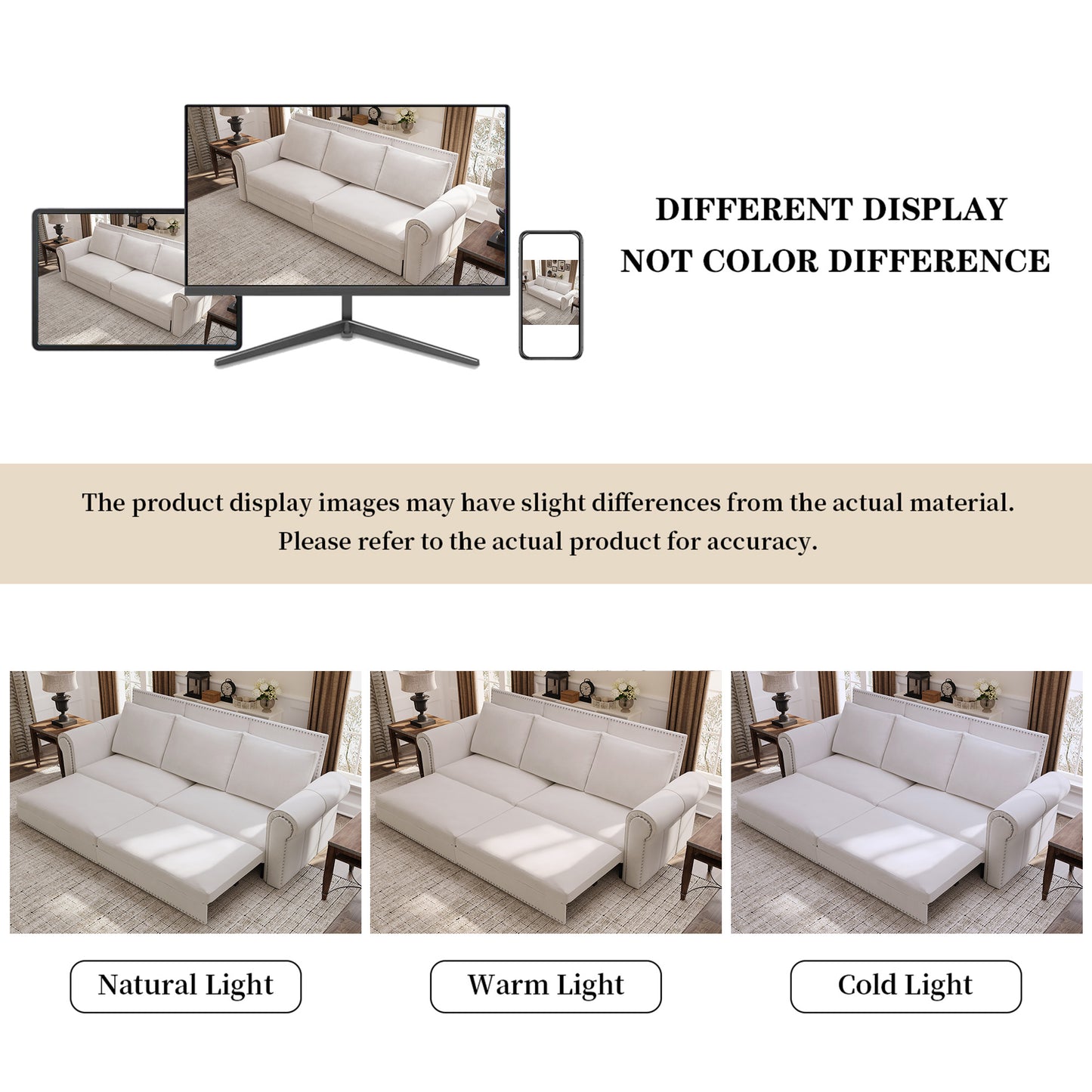 Chesterfield Sofa,93.7" King Pull Out Sofa Bed,3-in-1 Velvet Convertible Sleeper Sofa with Nailhead Trim & Rolled Arm,Multi-Functional Sofa Bed for Living Room,Bedroom,Beige/White(old sku:W1885S00036) image 10