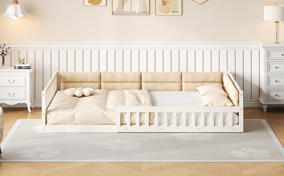 Wood Full Size Upholstered Platform Bed with Guardrail and Pillow, Beige image 5