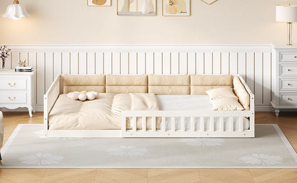 Wood Full Size Upholstered Platform Bed with Guardrail and Pillow, Beige image 5