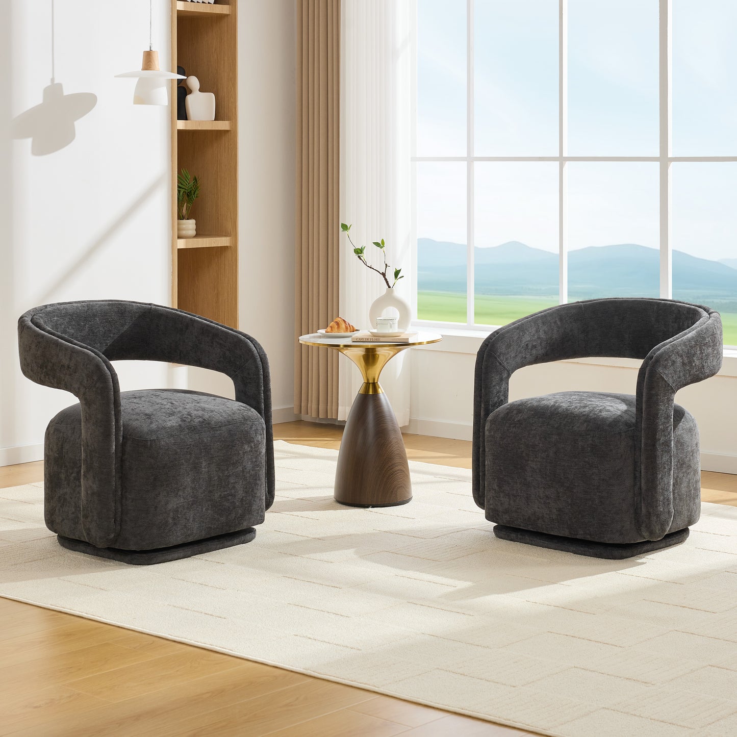 065-Chenille Fabric Swivel Accent Armchair, Comfy Barrel Leisure Chair With Curved Backrest, Upholstered Reading Chair With Black Swivel Base, 22-inch large seat depth and width, Dark Gray image 10