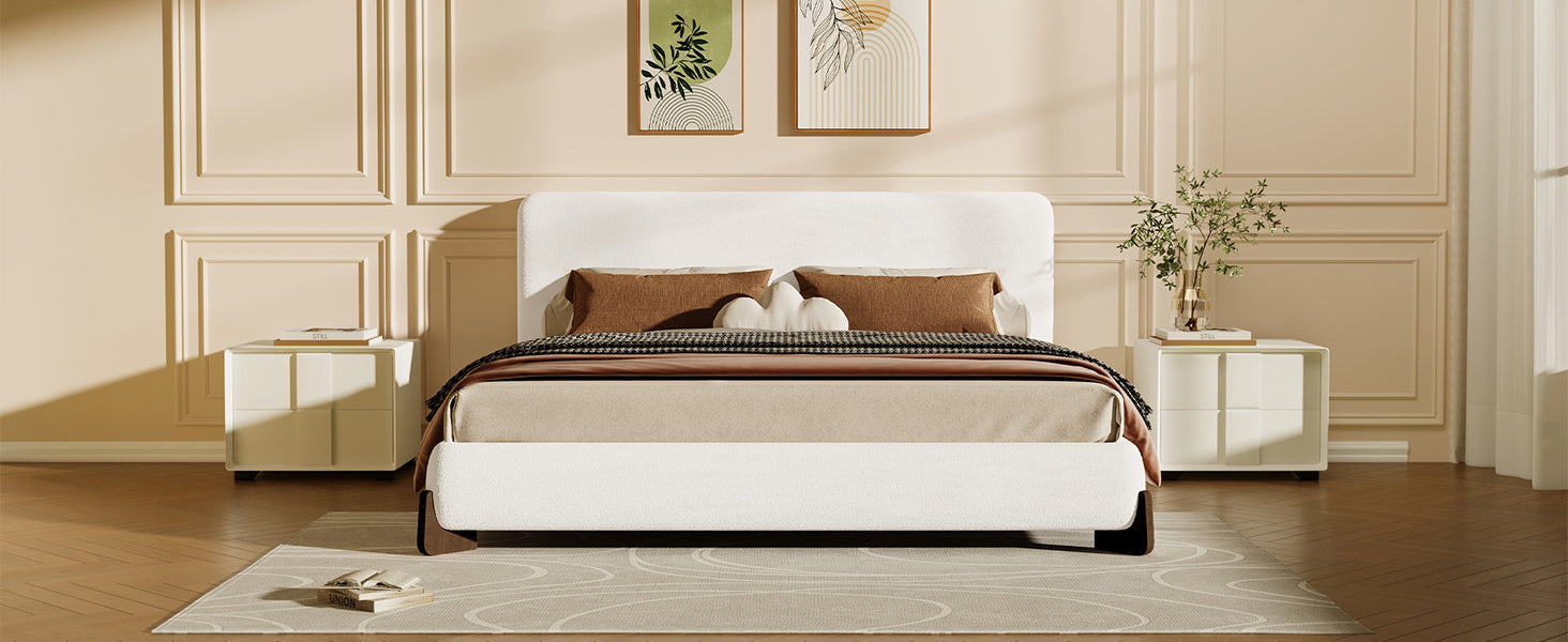 Elegant terry upholstered bed with dark brown solid wood legs, luxurious and comfortable bedroom centerpiece, king size, white image 11