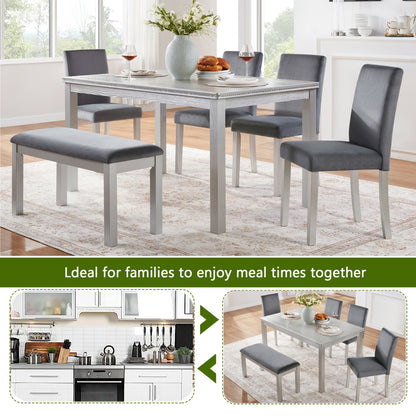 6 Piece Wooden Dining Table Set, Wooden Dining Table with 4 Upholstered Chairs and Bench for 6 People, Rectangular Dining Table Set with Crystal Decoration for Kitchen, Dining Room, Silver grey image 3