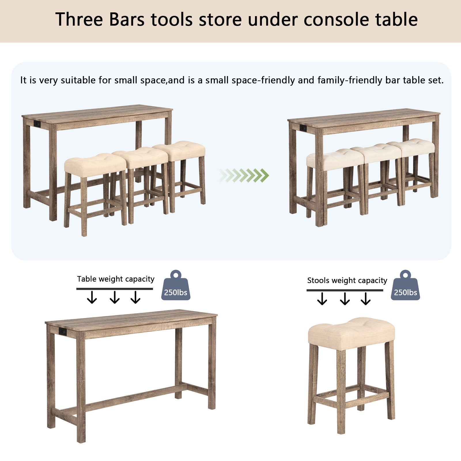 4-Piece Bar Table Set with Power Outlet, Dining Bar Table and Chairs Set,Bar Table Set with 3 Padded Stools for Living Room, Dining Room, Game Room, Brown image 7