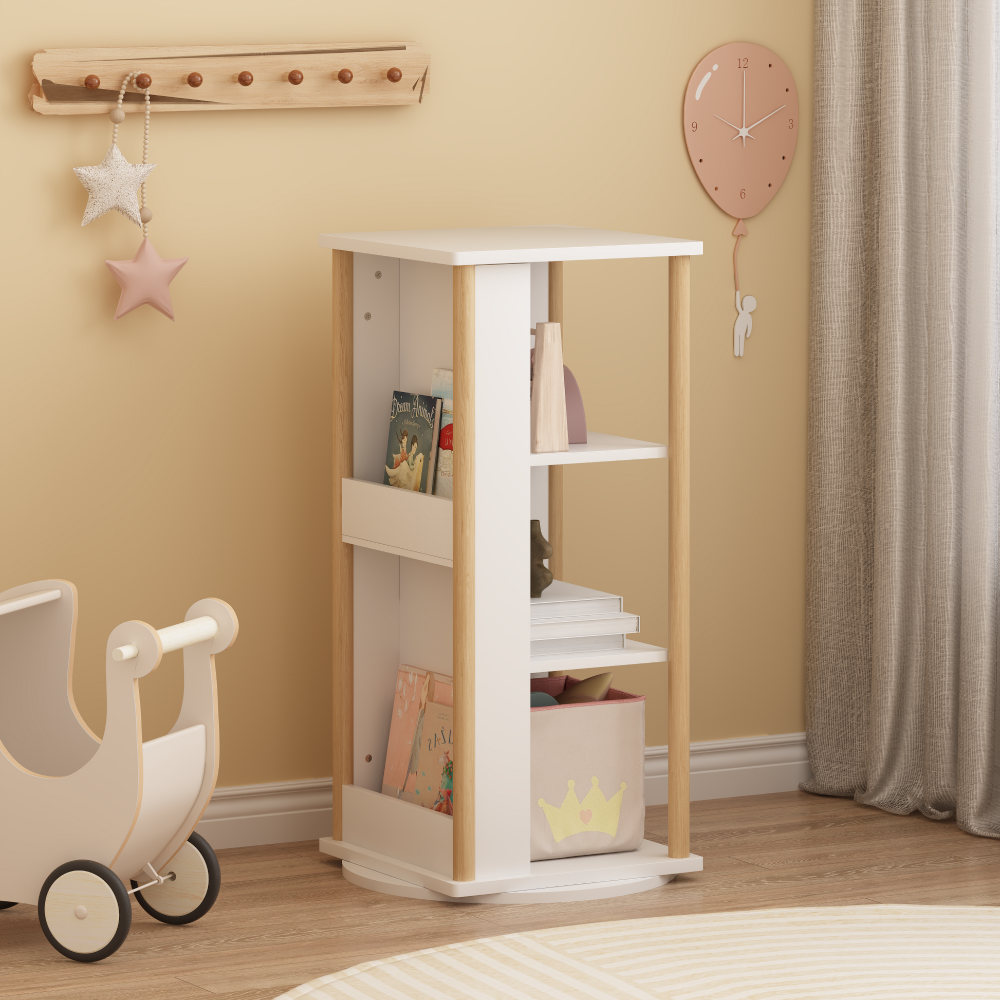 360° Rotating Kids Bookshelf with Chalkboard, 3-Tier Wood Floor Revolving Bookcase & Toy Storage Organizer, Picture Book Display Stand for Toddlers, Nursery & Playroom, White and Natural image 1