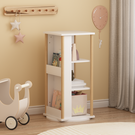 360° Rotating Kids Bookshelf with Chalkboard, 3-Tier Wood Floor Revolving Bookcase & Toy Storage Organizer, Picture Book Display Stand for Toddlers, Nursery & Playroom, White and Natural image 1
