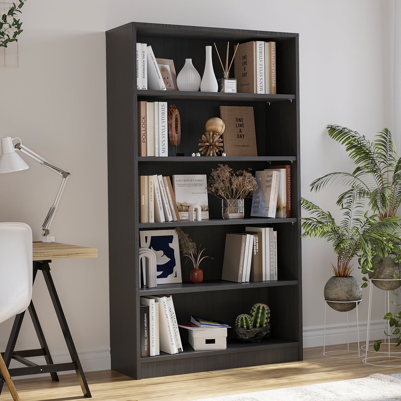 5 Shelf Bookcase 60 inch Tall Wood Bookshelf for Bedroom image 2