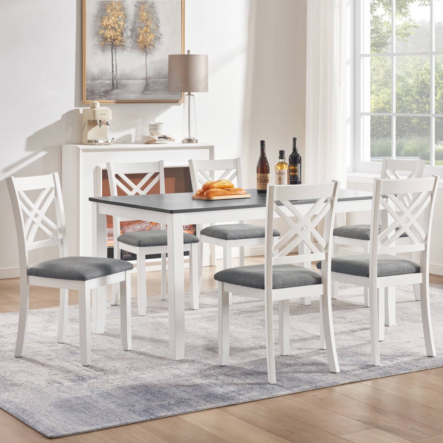 Modern 7-Piece Solid Wood Dining Set with 6 Upholstered Chairs – Grey & White Two-Tone Rectangular Table for 6, Space-Saving Kitchen & Dining Room Set, Easy Assembly image 1