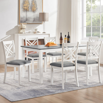 Modern 7-Piece Solid Wood Dining Set with 6 Upholstered Chairs – Grey & White Two-Tone Rectangular Table for 6, Space-Saving Kitchen & Dining Room Set, Easy Assembly image 1