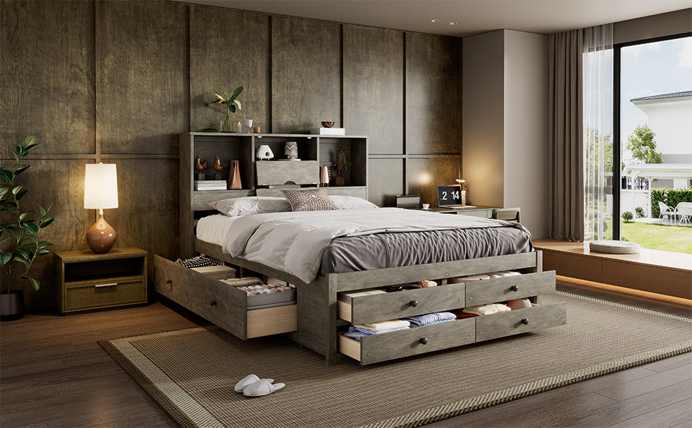Queen Size Platform Bed with Storage Headboard and 8 Drawers, Gray image 5