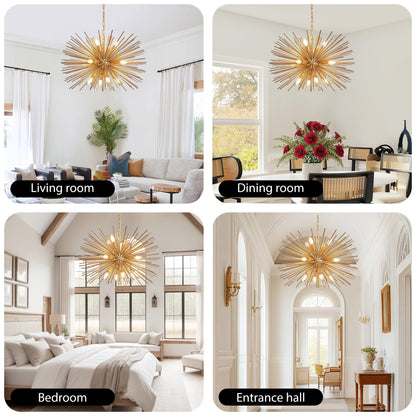 29" Mid-Century Modern 12-Light Starburst Chandelier – Gold Sputnik Pendant Light Fixture for Living Room, Dining Room, or Foyer (Bulb Not Included) image 6