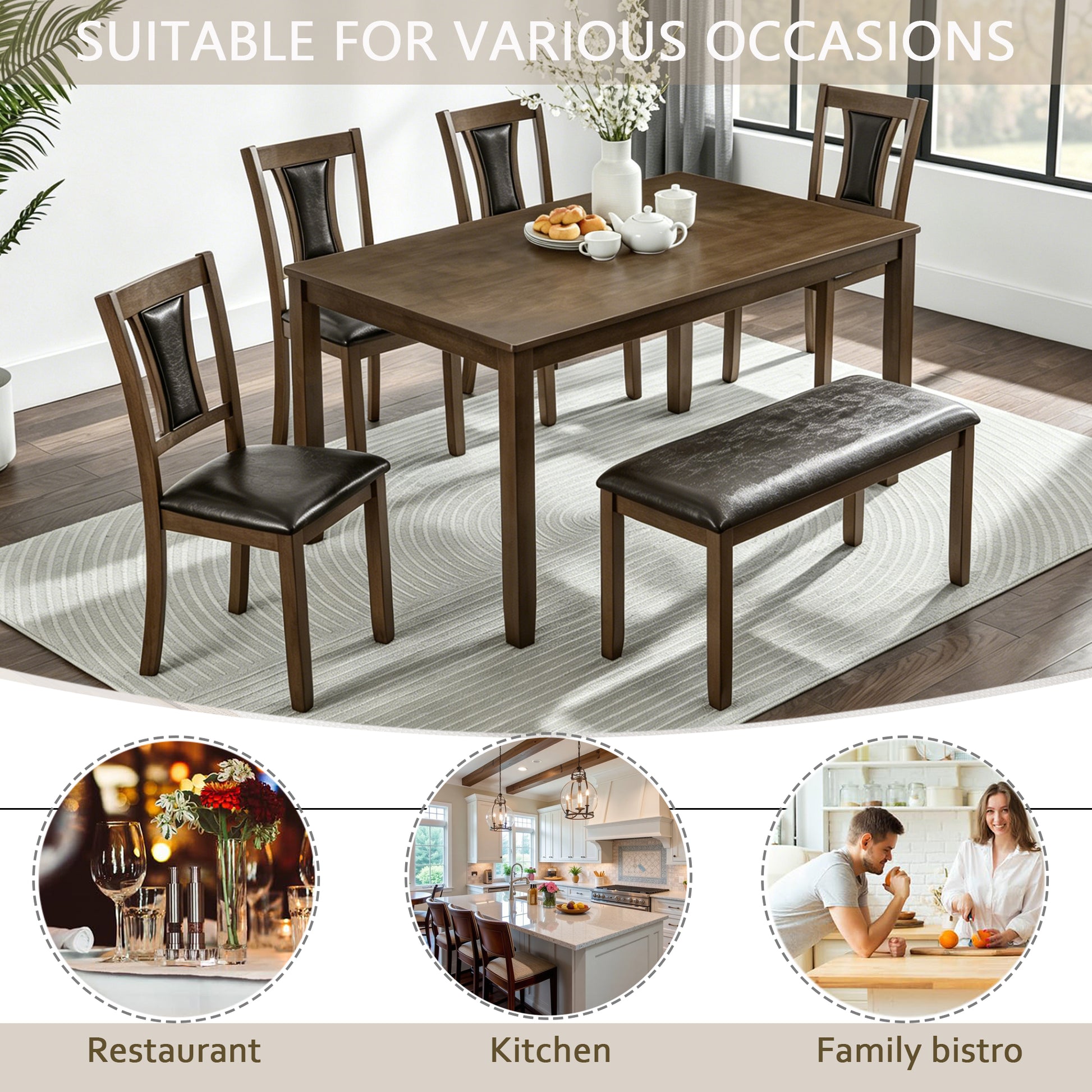 6-Piece Dining Table Set with Bench and Chairs, Wooden dining table set for 6 people, Farmhouse Rustic Style 6 Person Dining Table Set for Dining Room, Kitchen, Walnut image 3