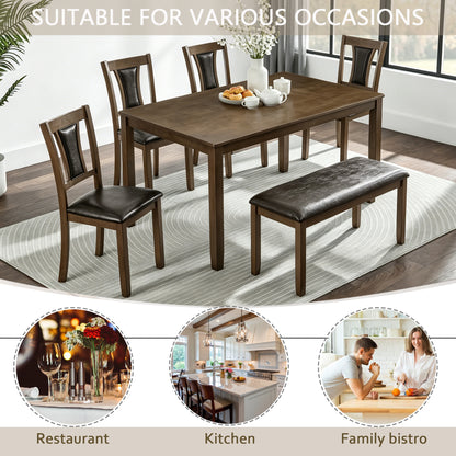 6-Piece Dining Table Set with Bench and Chairs, Wooden dining table set for 6 people, Farmhouse Rustic Style 6 Person Dining Table Set for Dining Room, Kitchen, Walnut image 3