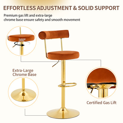 Soft Velvet Upholstered Swivel Adjustable Bar Chair with electroplated gold legs - Dining Room Living Room Bar Cafe Reception Desk Bar Stool(Rusty Orange, Set of 2) image 4