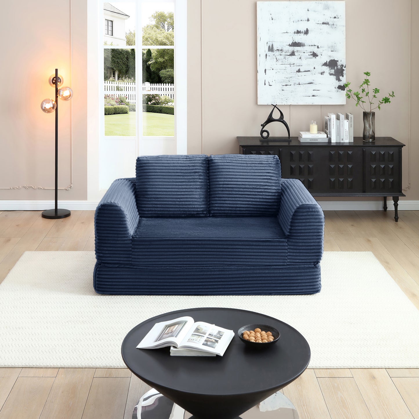 2-in-1 Folding Convertible Sofa Bed, Modern Corduroy Sleeper Couch with 2*pillows, Futon Modular Upholstered Boneless Loveseat with Pull-Out Bed,Folding Floor Modular Couch for Living Room Blue image 1