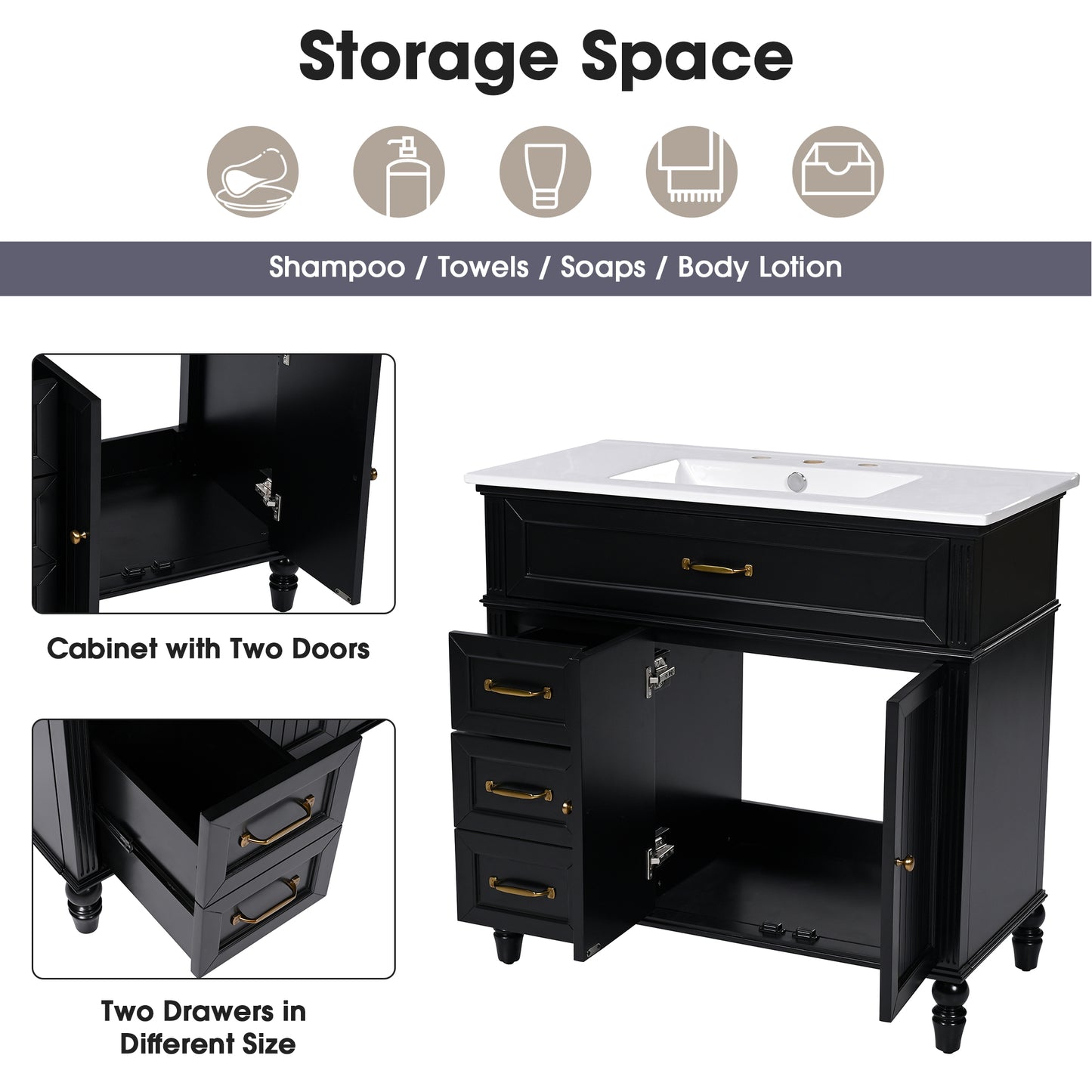 [Video] 36" Bathroom Vanity with Sink, Bathroom Cabinet with Drawers, Solid Frame and MDF Board, One Package, Black(same SKU: N725P195410B) image 5